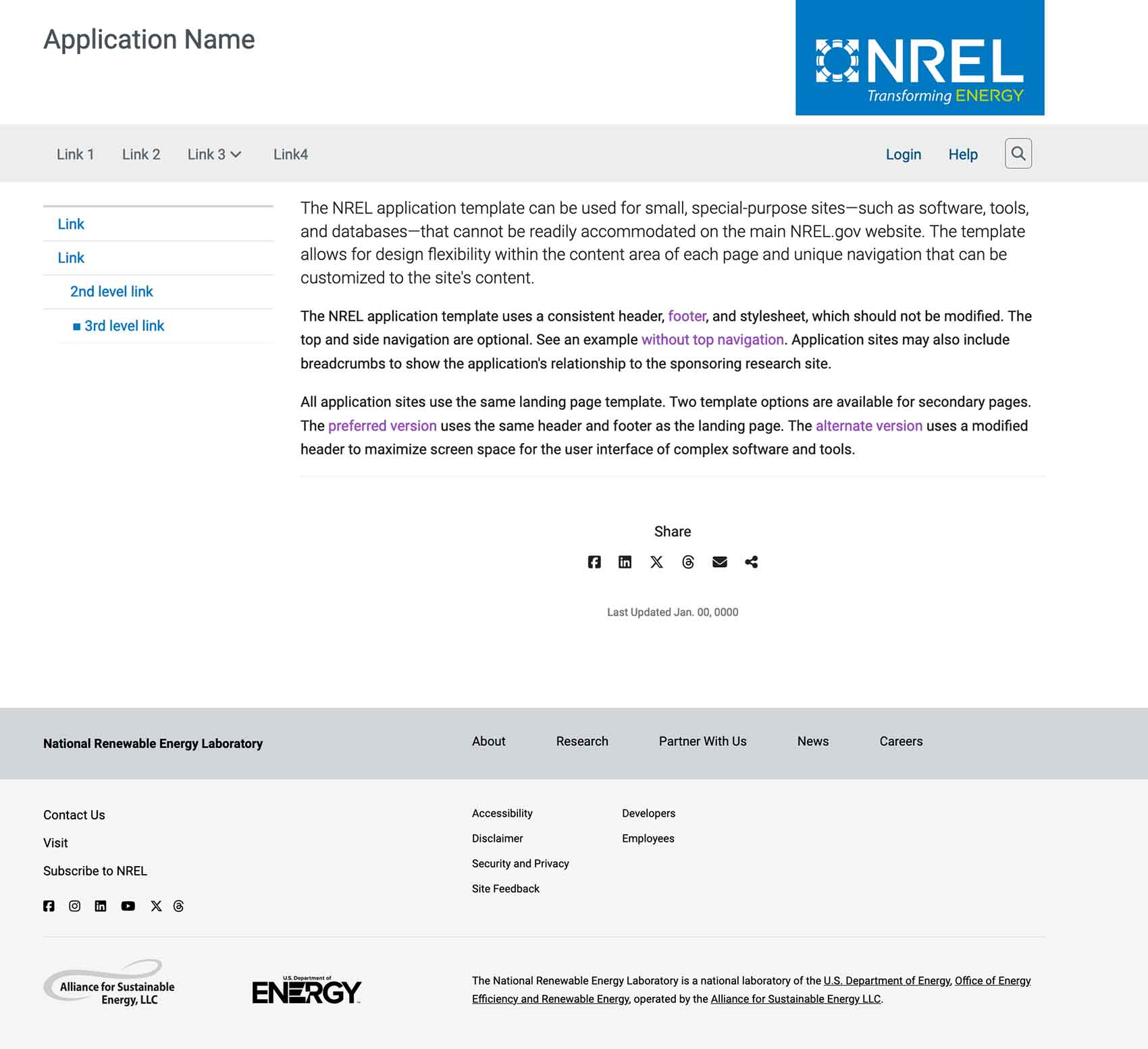 A screenshot of the NREL application template