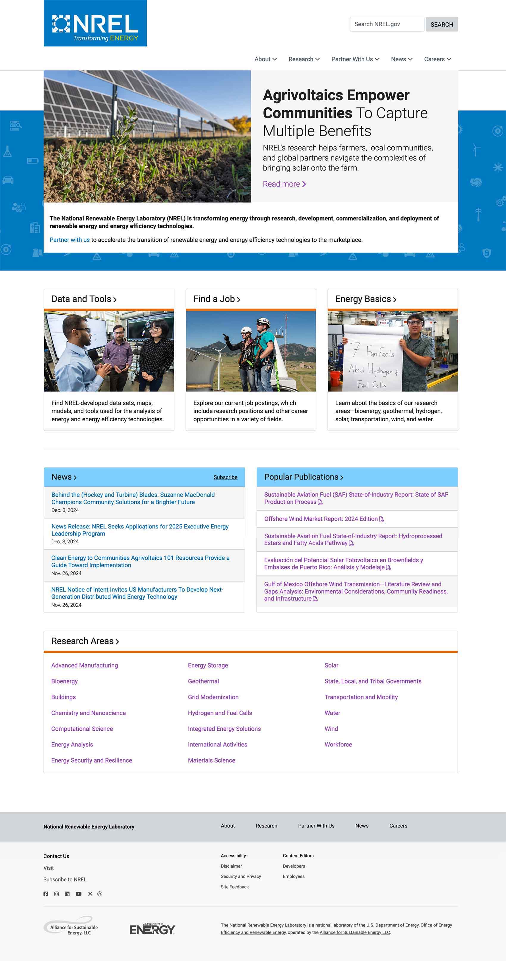 Screenshot of the NREL home page with examples of components.