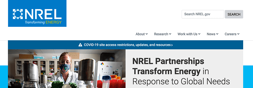 Screenshot of an alert banner under the top navigation on an nrel.gov web page.