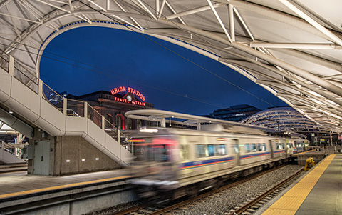 A train leaving a station.