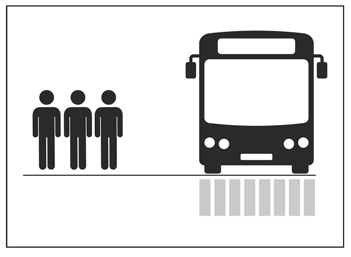 A drawing of people exiting a bus with people waiting at a distance