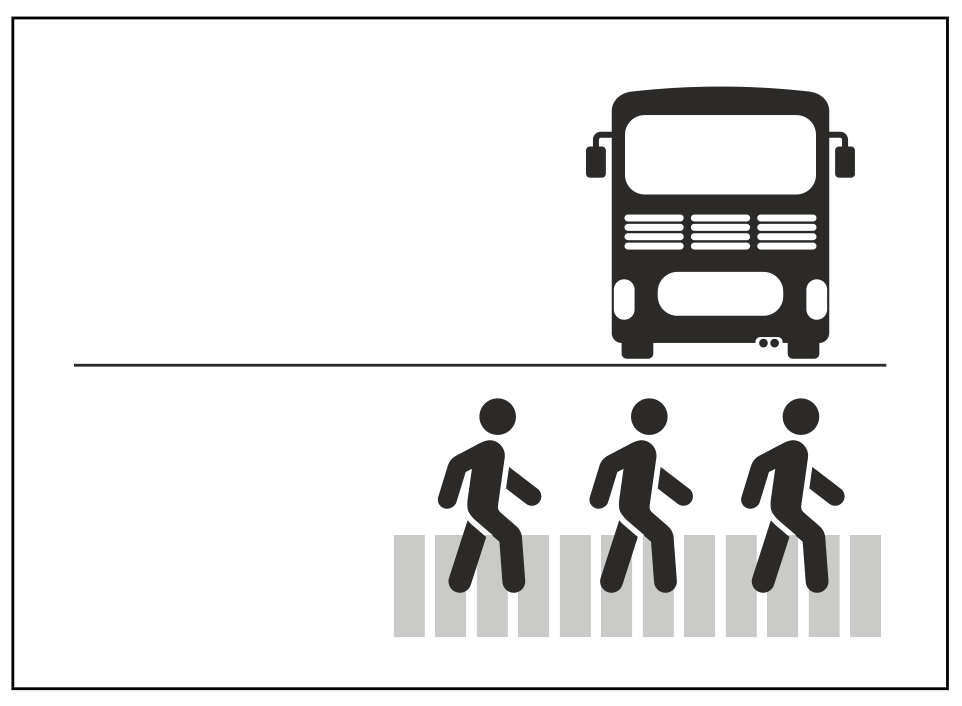 A drawing of people exiting a bus with people waiting at a distance