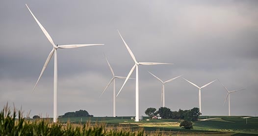 Wind turbines and power lines stretch across the State of Iowa. These are part of the Eclipse wind project in Audubon and Guthrie Counties in Iowa, owned by MidAmerica Energy.