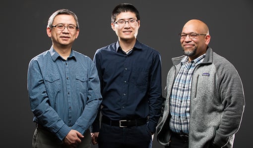 Co-authors of the paper, &quot;On-Device Lead Sequestration for Perovskite Solar Cells.&quot; Left to right, Kai Zhu, Fei Zhang and Joe Berry.