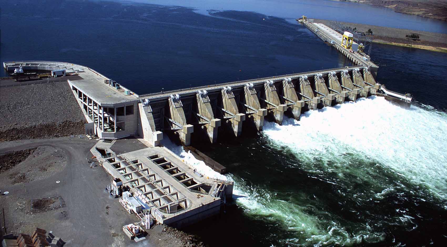 Aerial view of the Wanapum Dam on the Columbia river in Washington