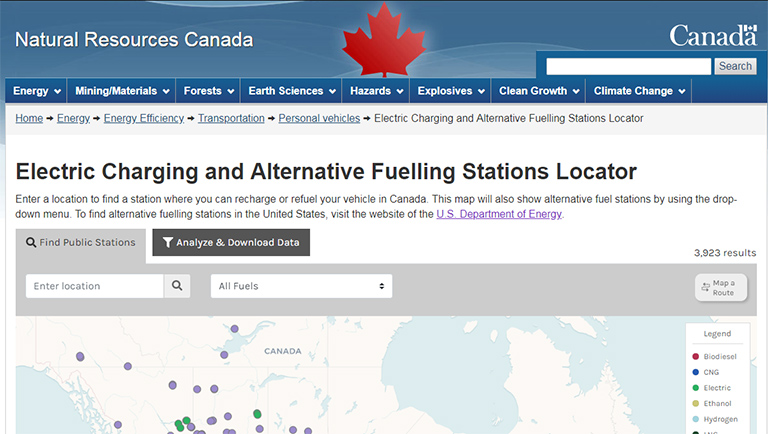 thsc-201804-3 Screen shot of Canada's Electric Charging and Alternative Fueling Stations Locator