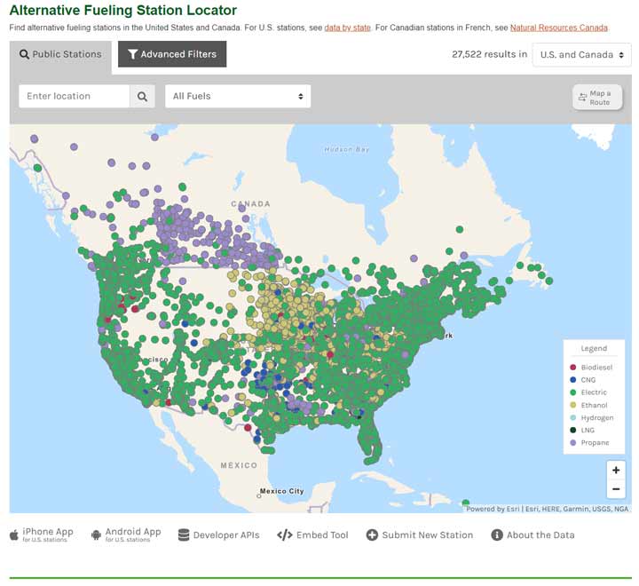 thsc-201808-4 The U.S. Department of Energy's Alternative Fueling Station Locator shows a map of North America with alternative fueling stations in both the United States and Canada