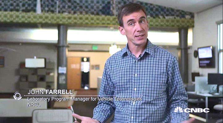 thsc-201808-6 A screenshot of a CNBC segment shows Laboratory Program Manager for Vehicle Technologies at NREL, John Farrell